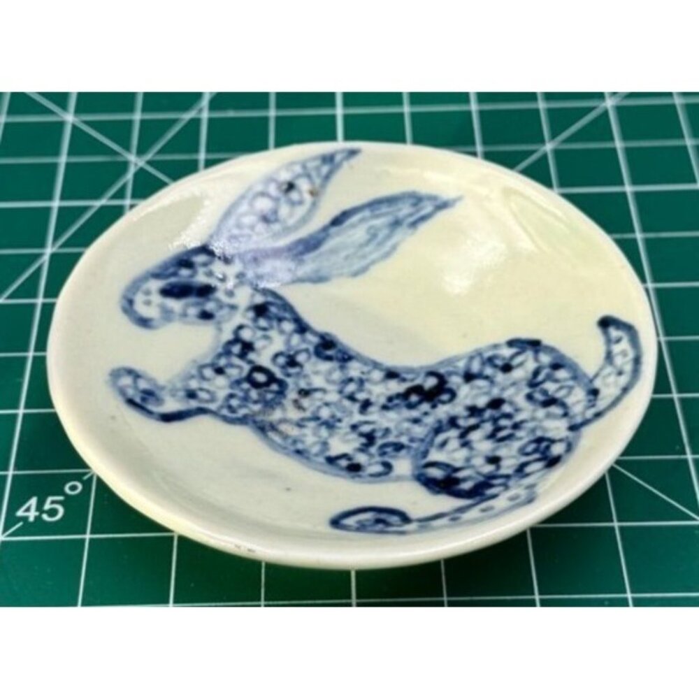 Vintage Miniature Celadon Trinket Dish with Cobalt Blue Rabbit signed